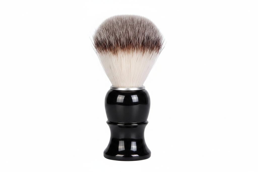 Complete wet shave kit shaving brush with black handle on white background