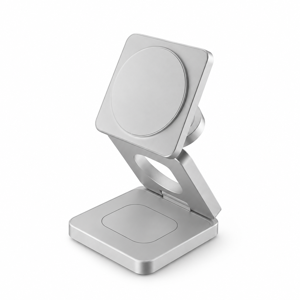 Silver Qi2 3-in-1 magnetic wireless charging stand on a white background