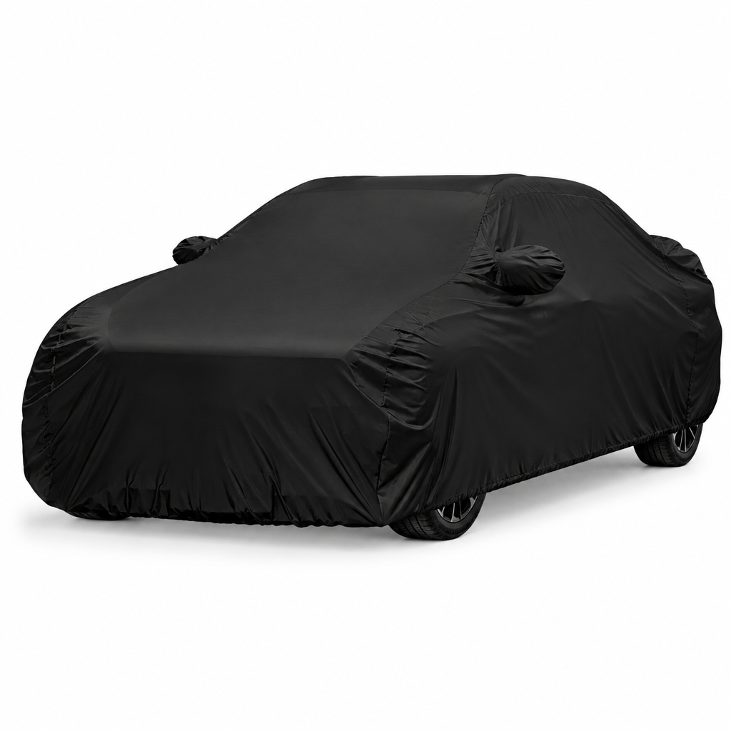 Blank black car cover fitted over a vehicle on a white background