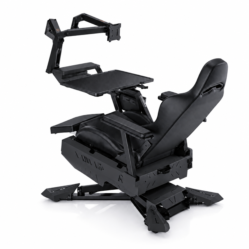 Black reclining gaming workstation cockpit with single monitor stand and work tray on a white background
