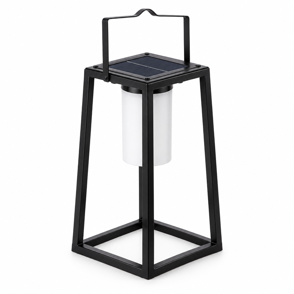Black metal solar lantern with square frame, top handle, solar panel and white cylindrical light on a white background