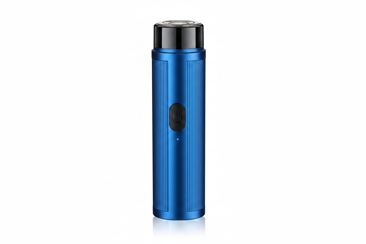 Blue USB rechargeable mini electric shaver on white background