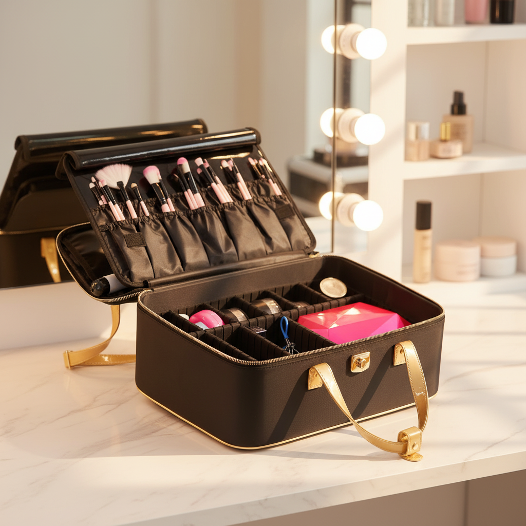 Open black professional makeup case with cosmetics in a beauty studio