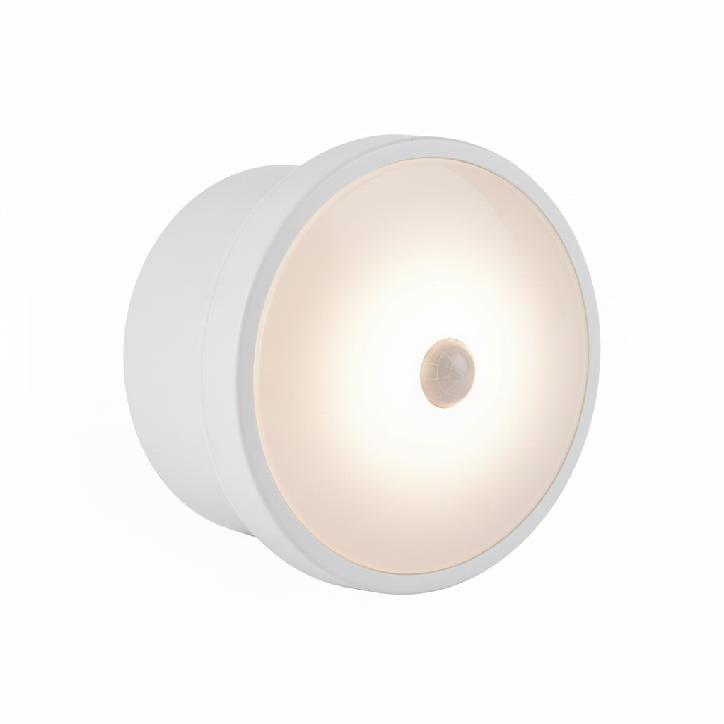 Round white LED motion sensor night light on a white background, shown from a 3/4 angle