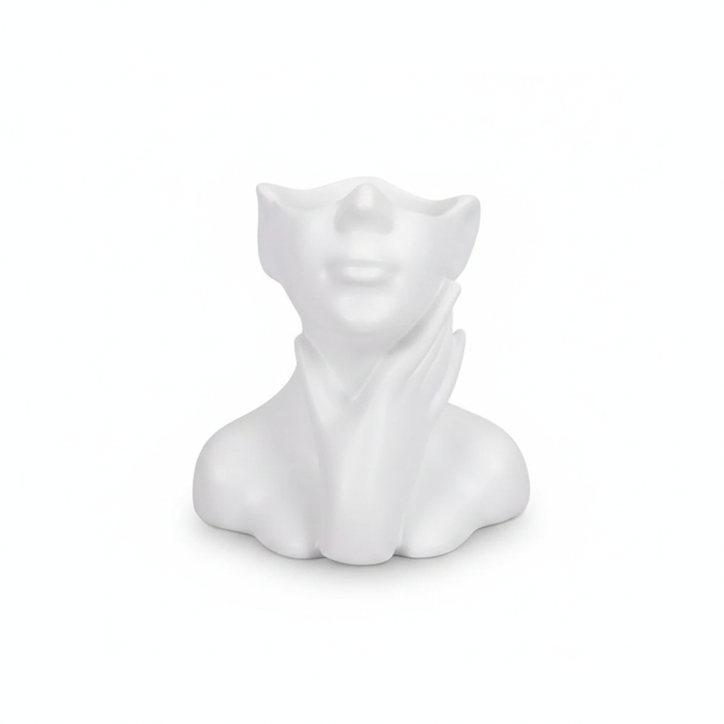 White resin female bust makeup brush holder on a white background