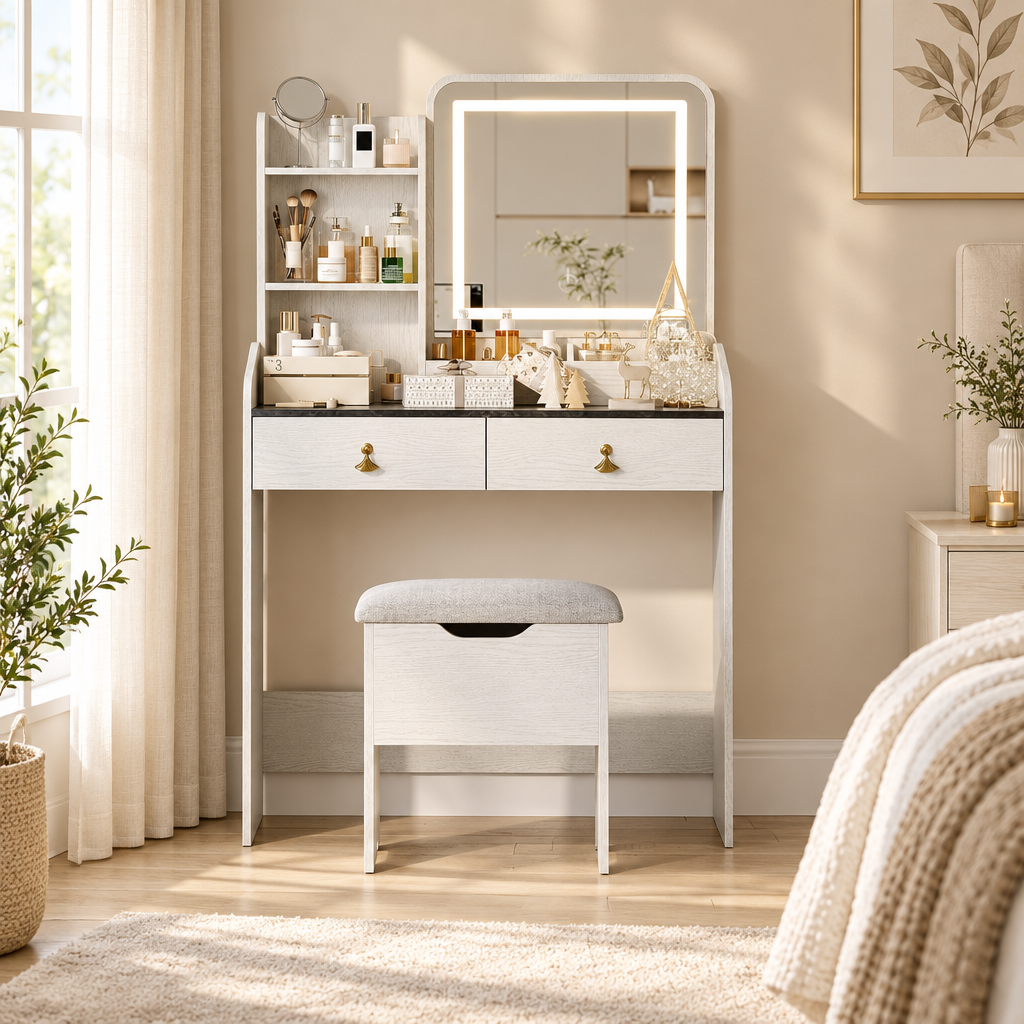 LED vanity desk and stool in an elegant modern bedroom