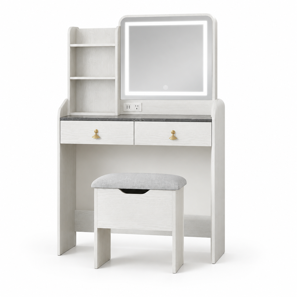 LED vanity desk and stool on a pure white background