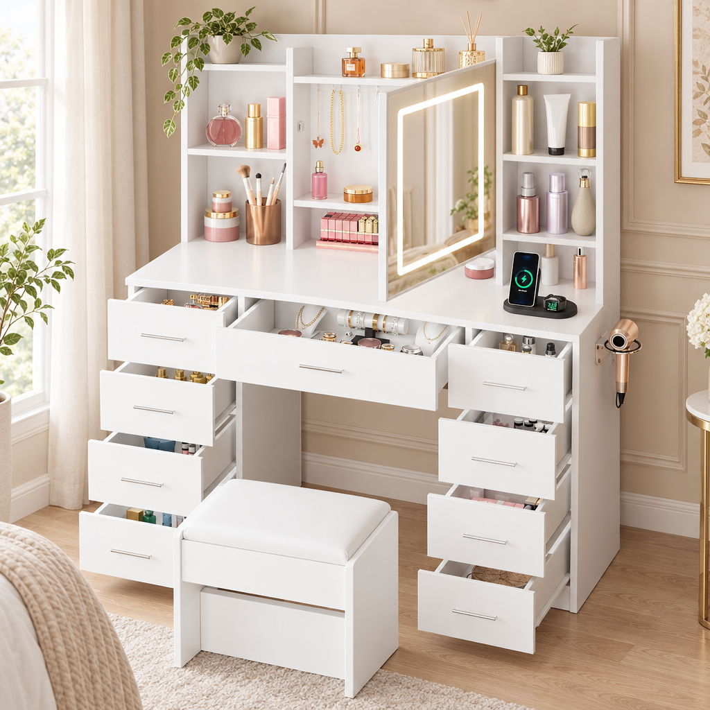 LED vanity desk with jewellery storage in an elegant bedroom