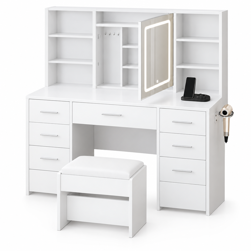 LED vanity desk with jewellery storage on a white background