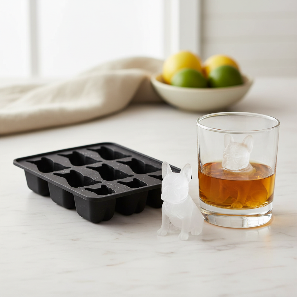 Lifestyle photo of the French bulldog ice cube tray on a marble worktop with a whisky tumbler