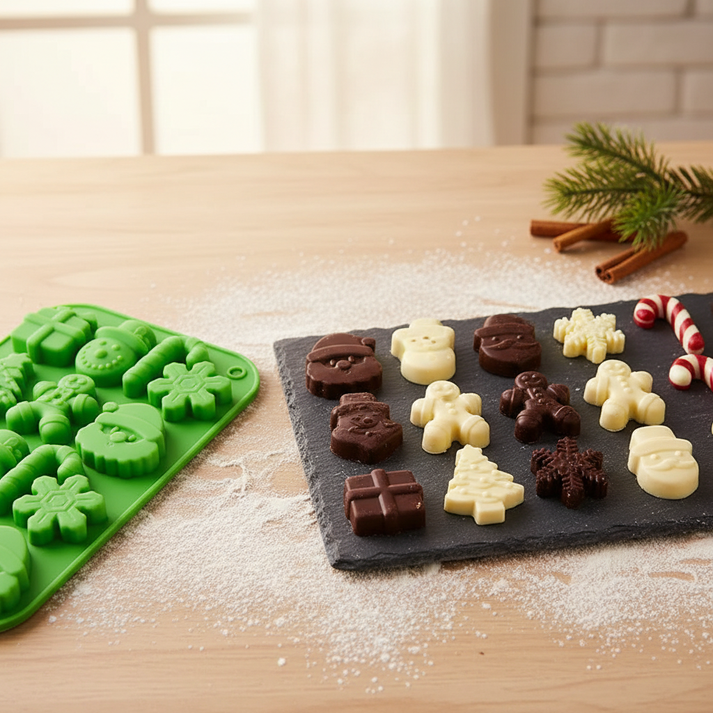 Lifestyle photo of the green Christmas silicone mould with finished chocolate shapes on a wooden table