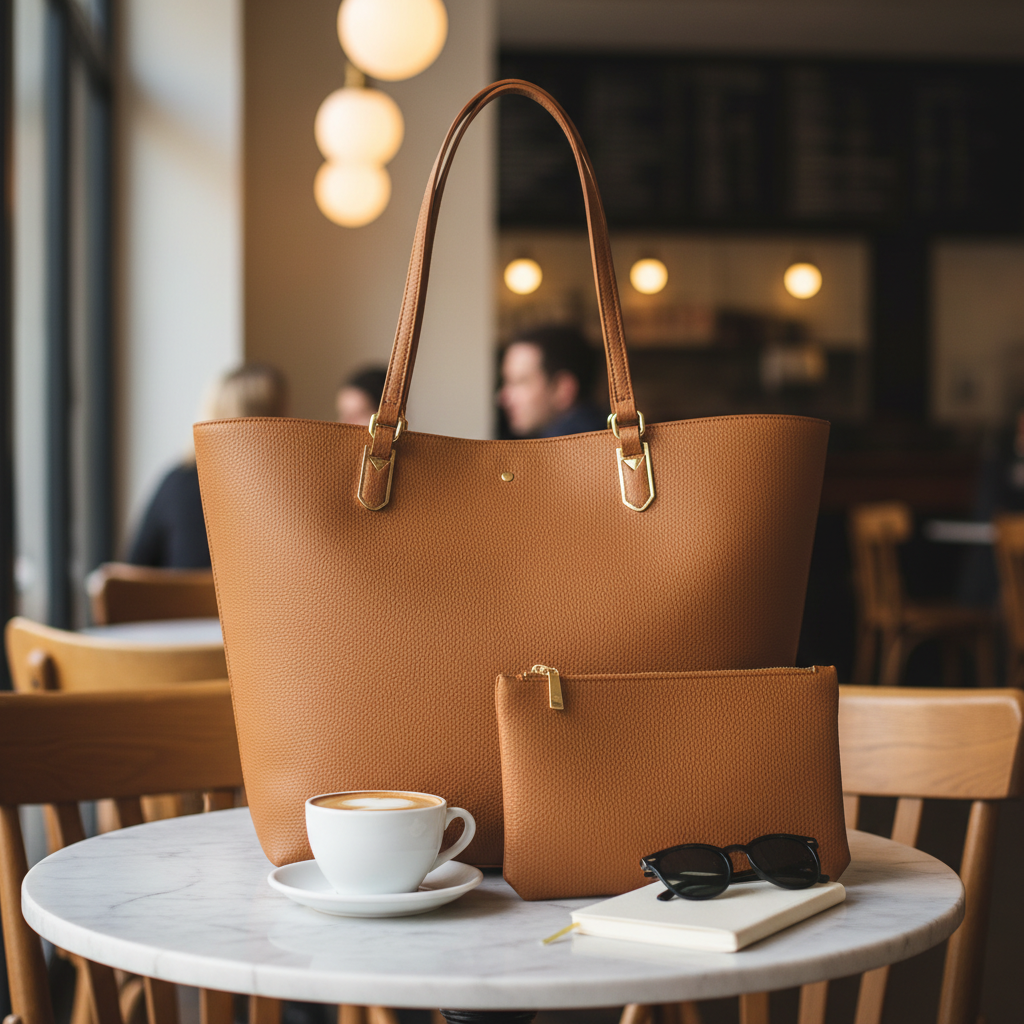 Lifestyle photo of the tan tote bag on a marble cafe table with coffee
