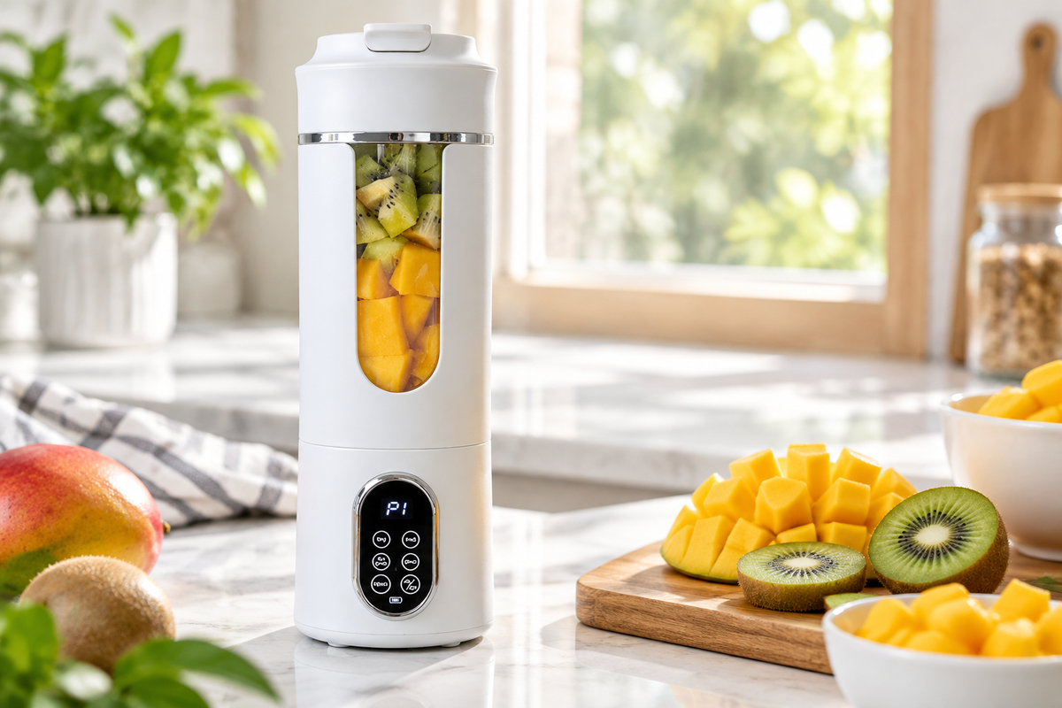 Lifestyle shot of the portable blender on a kitchen counter with fresh fruit