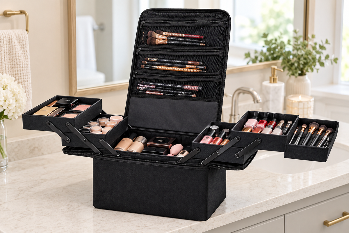 Makeup train case open and filled with cosmetics on a vanity countertop