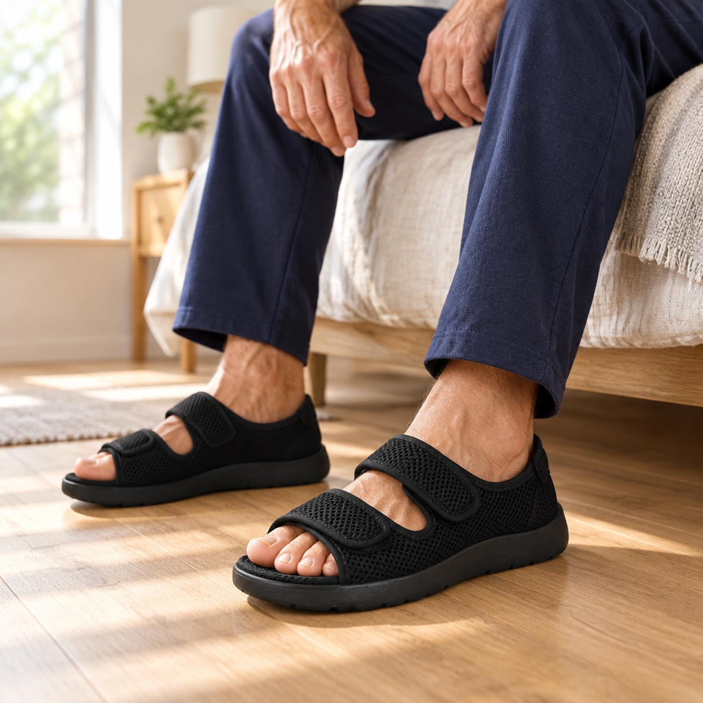 Man wearing black mesh adjustable sandals at home