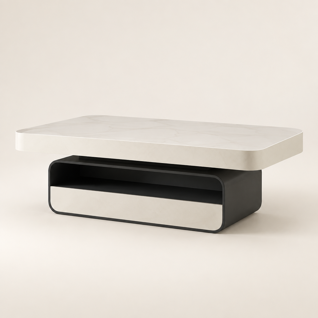 Modern rock-slab coffee table hero image with a warm-white background