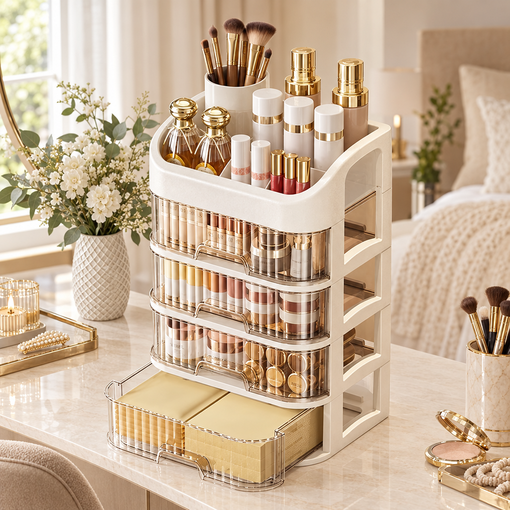 Multi-layer makeup organiser filled with elegant beauty products