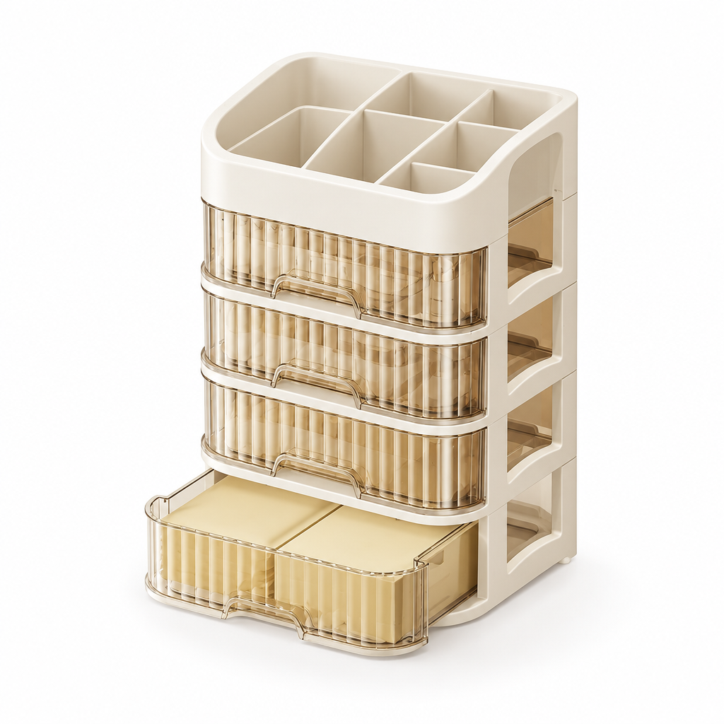 Multi-layer makeup organiser on a pure white background