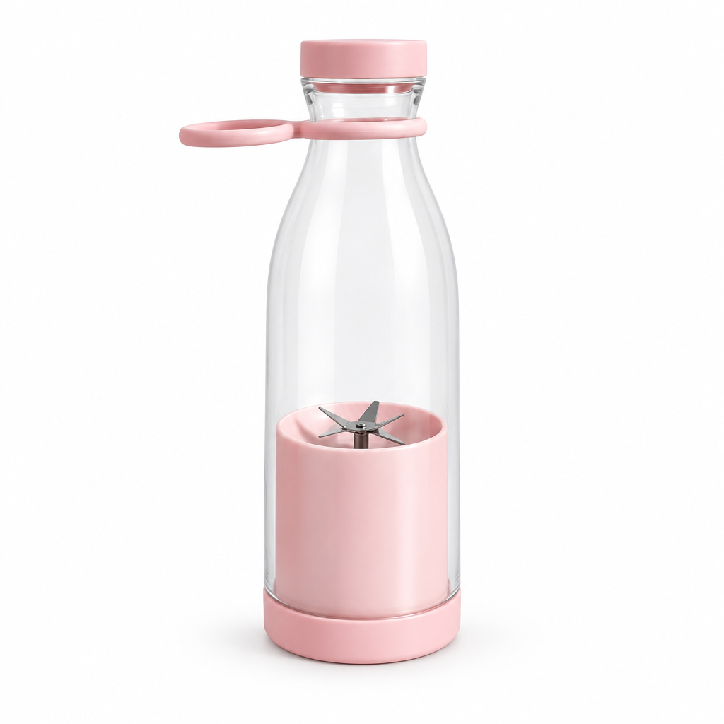 Pink portable blender bottle on a white background