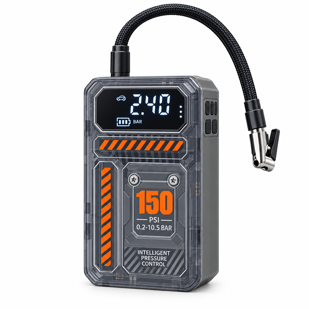 Portable tire inflator hero image, white background, corrected