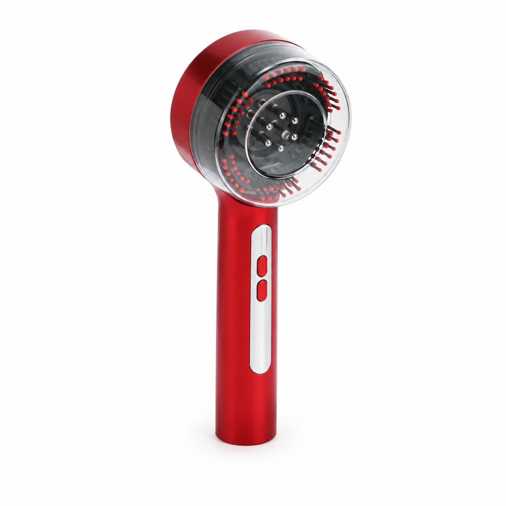 Red scalp massage comb on a white background