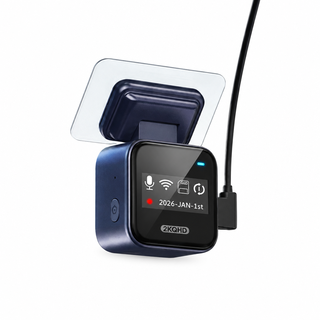 Revised blue dash cam on a white background