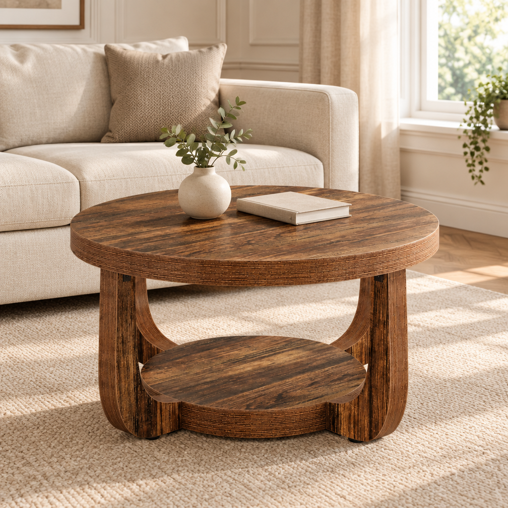 Round two-tier coffee table in a modern neutral living room