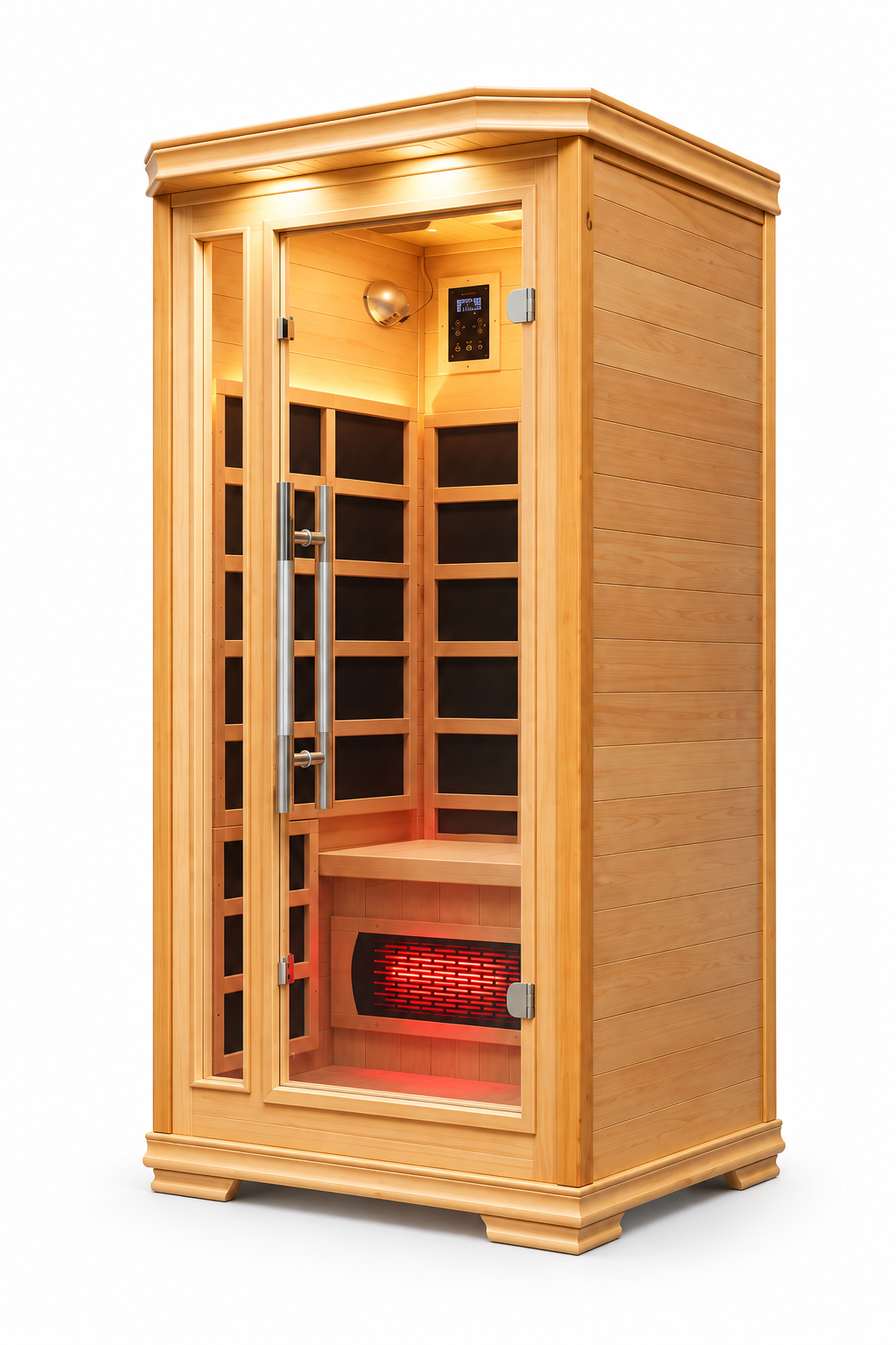 Sauna with red heater illuminated