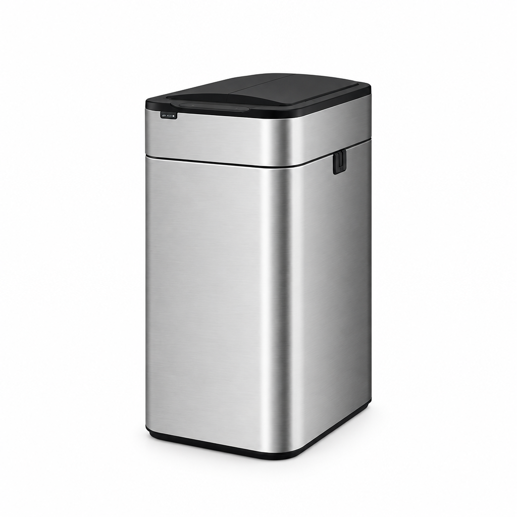 Silver 50L bin on a white background