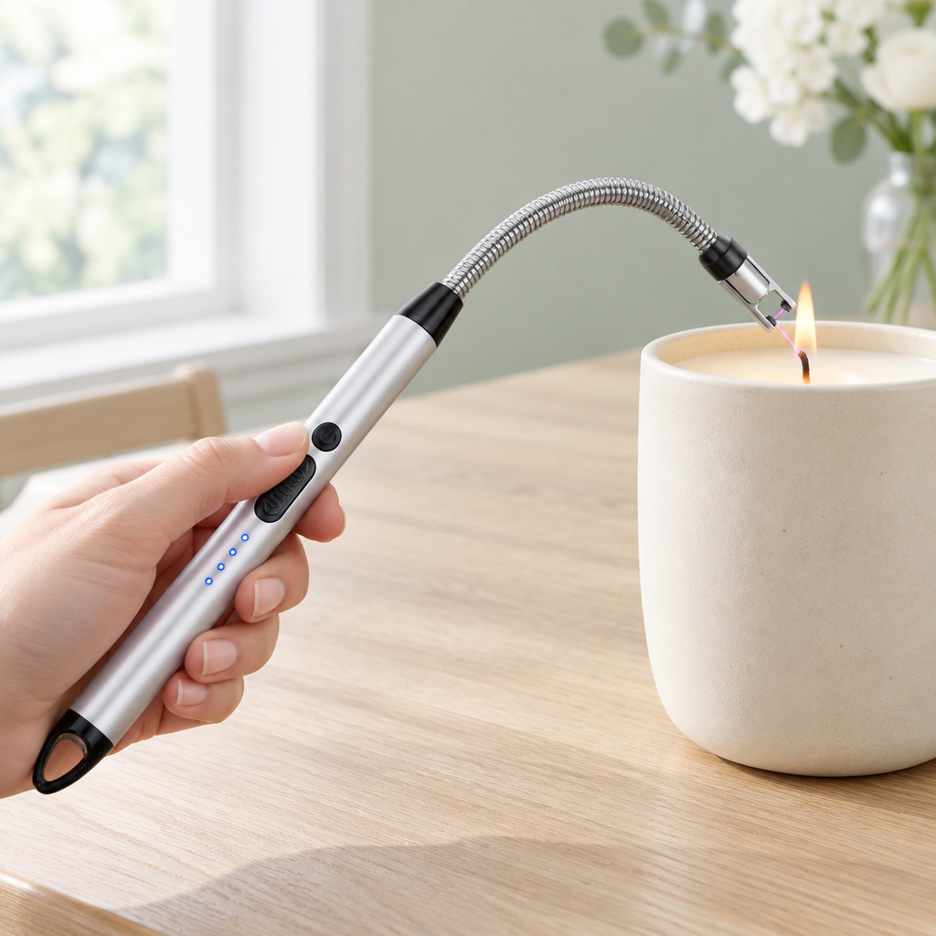 Silver flexible-neck lighter lighting a cream ceramic candle