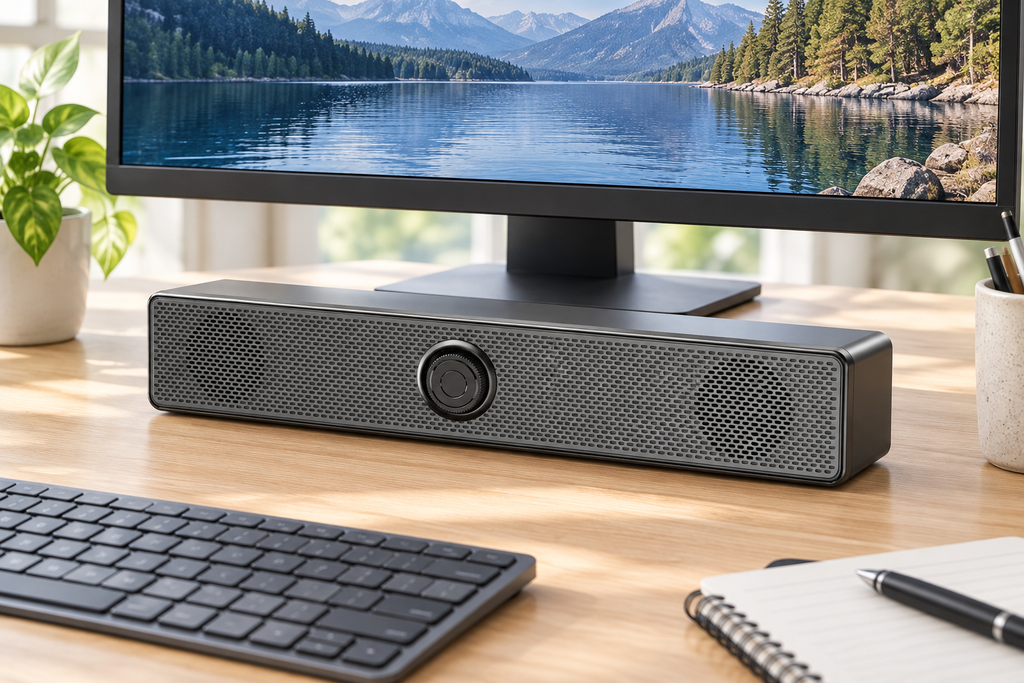 Soundbar speaker beneath a computer monitor