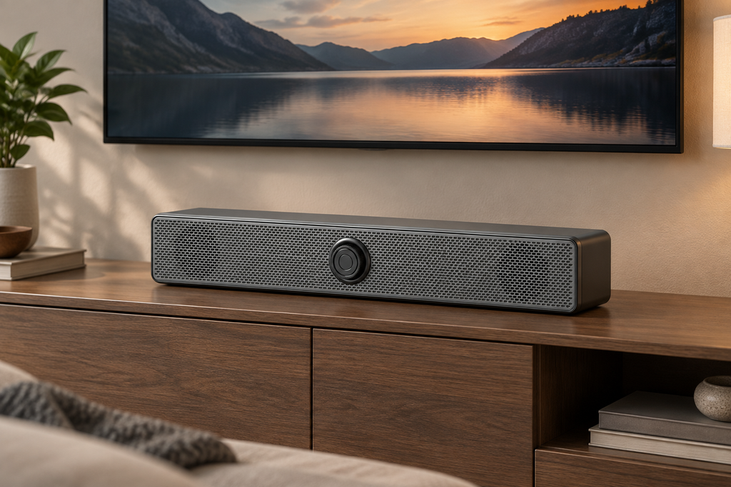 Soundbar speaker beneath a television