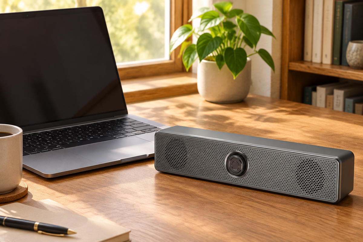 Soundbar speaker beside a laptop