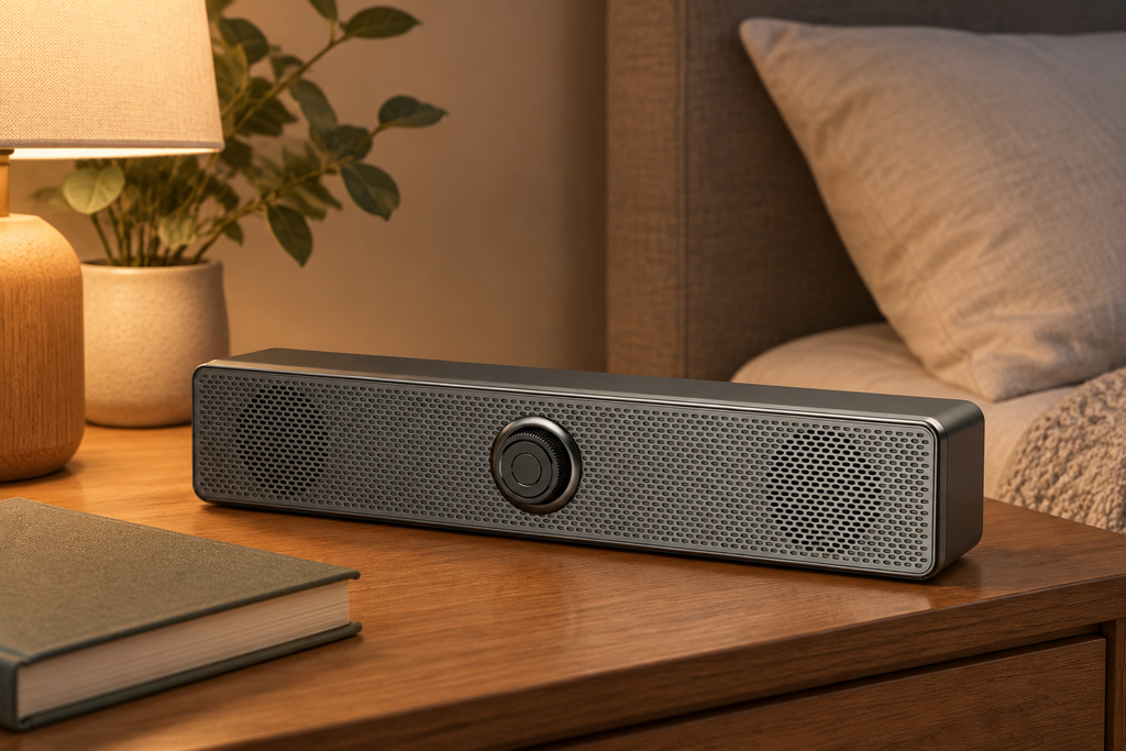 Soundbar speaker on a bedside table