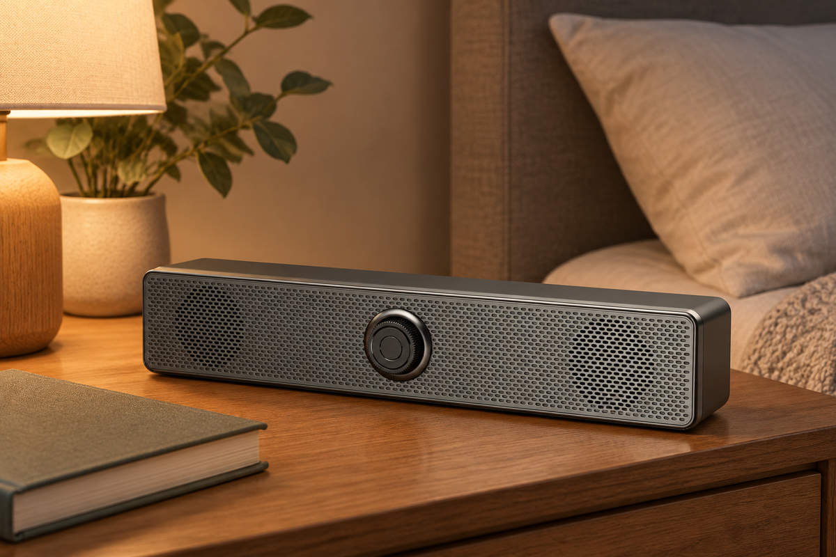 Soundbar speaker on a bedside table