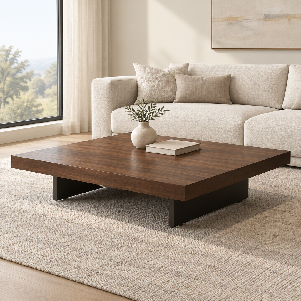 Square walnut-grain coffee table in a modern neutral living room