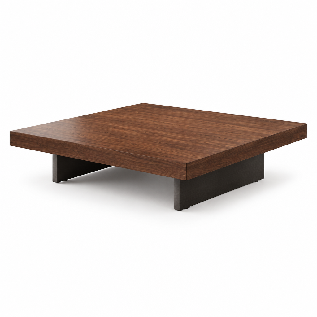 Square walnut-grain coffee table on a white background