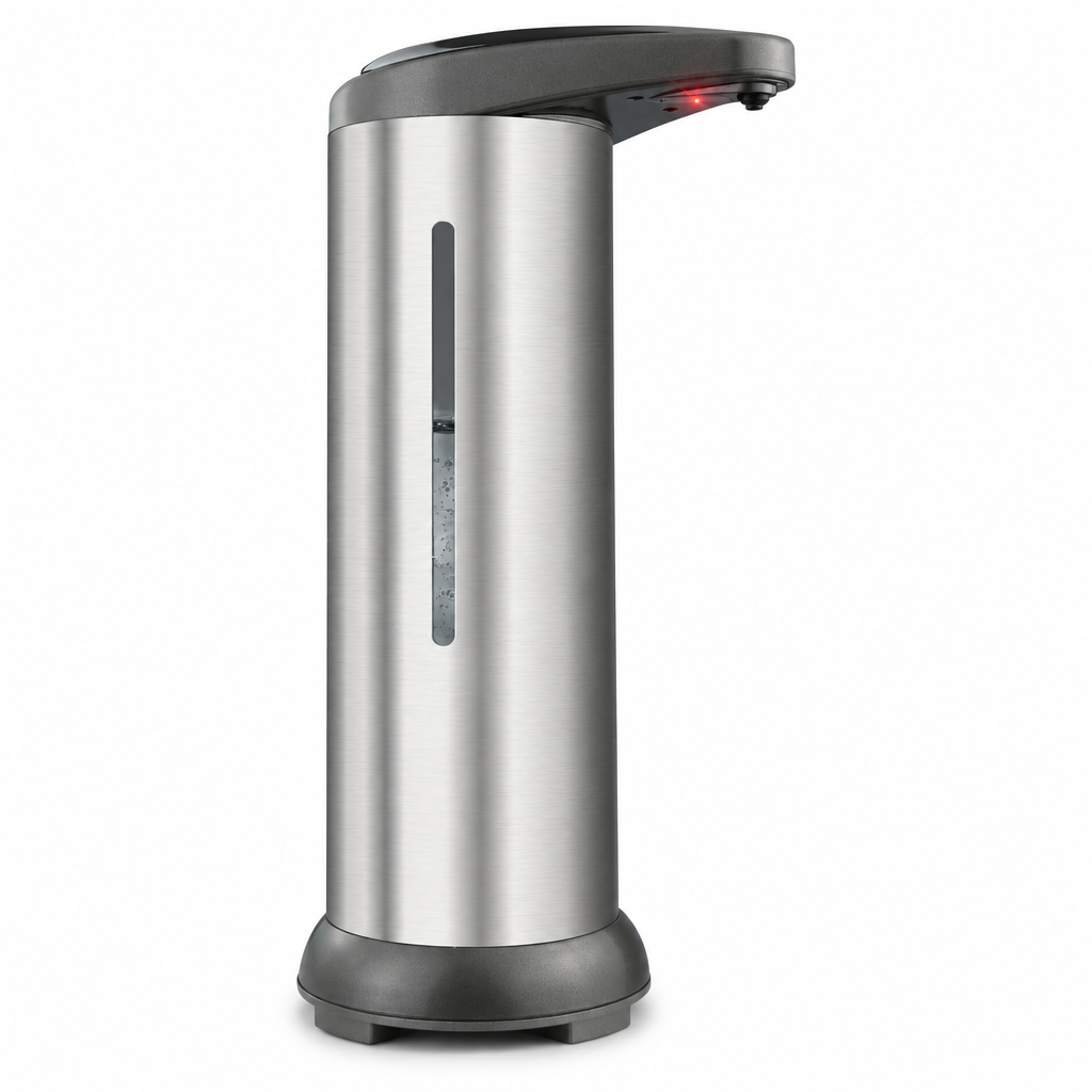 Stainless-steel touchless soap dispenser on a white background