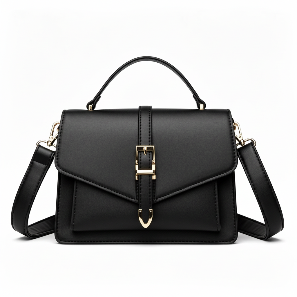 Studio photo of the black faux leather flap satchel on a white background