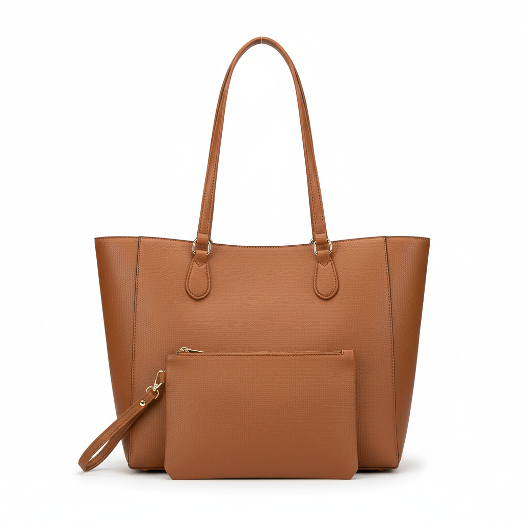 Studio photo of the tan faux leather tote bag and matching pouch on a white background