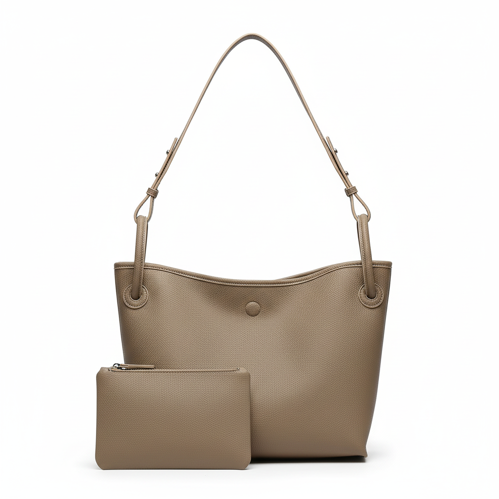 Studio photo of the taupe grey faux leather shoulder tote and pouch on a white background