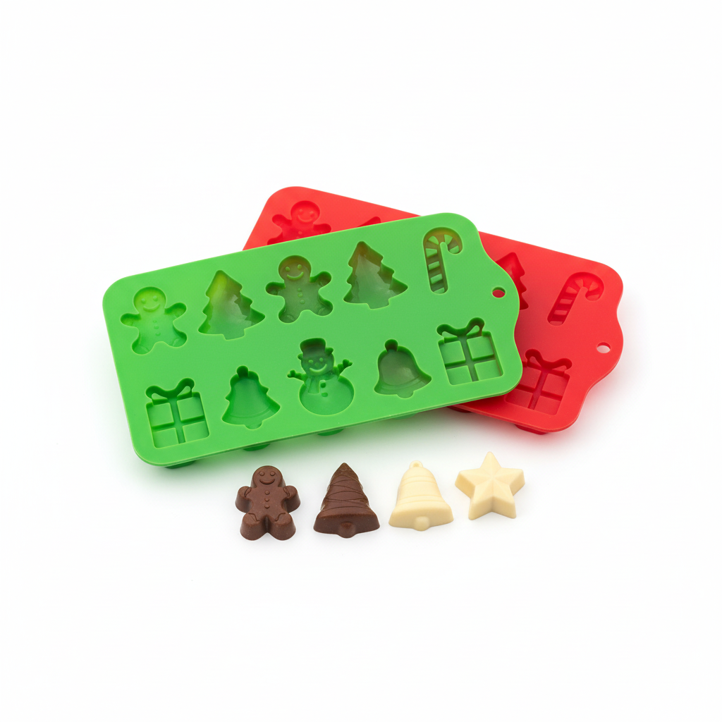 Studio product photo of red and green Christmas silicone moulds with chocolate shapes on white