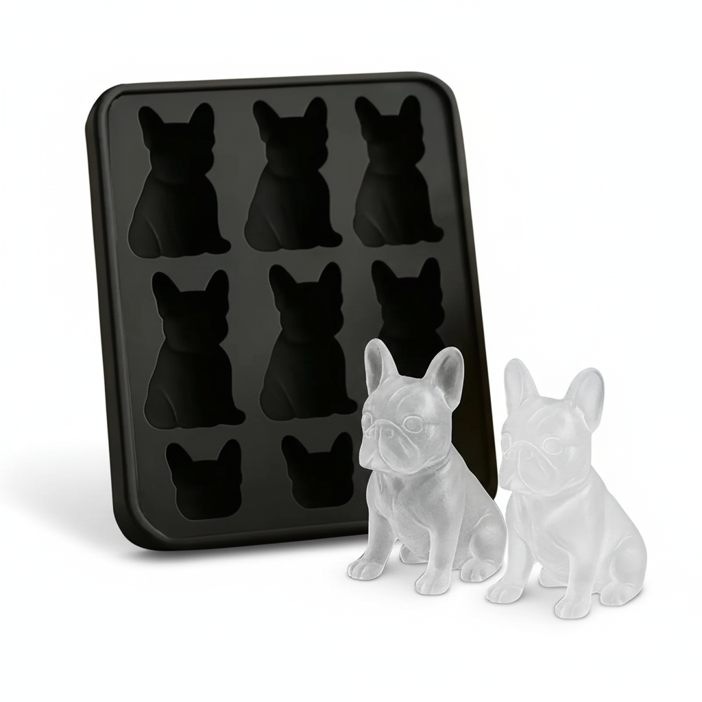 Studio product photo of the black French bulldog ice cube tray with two clear ice bulldog cubes on white