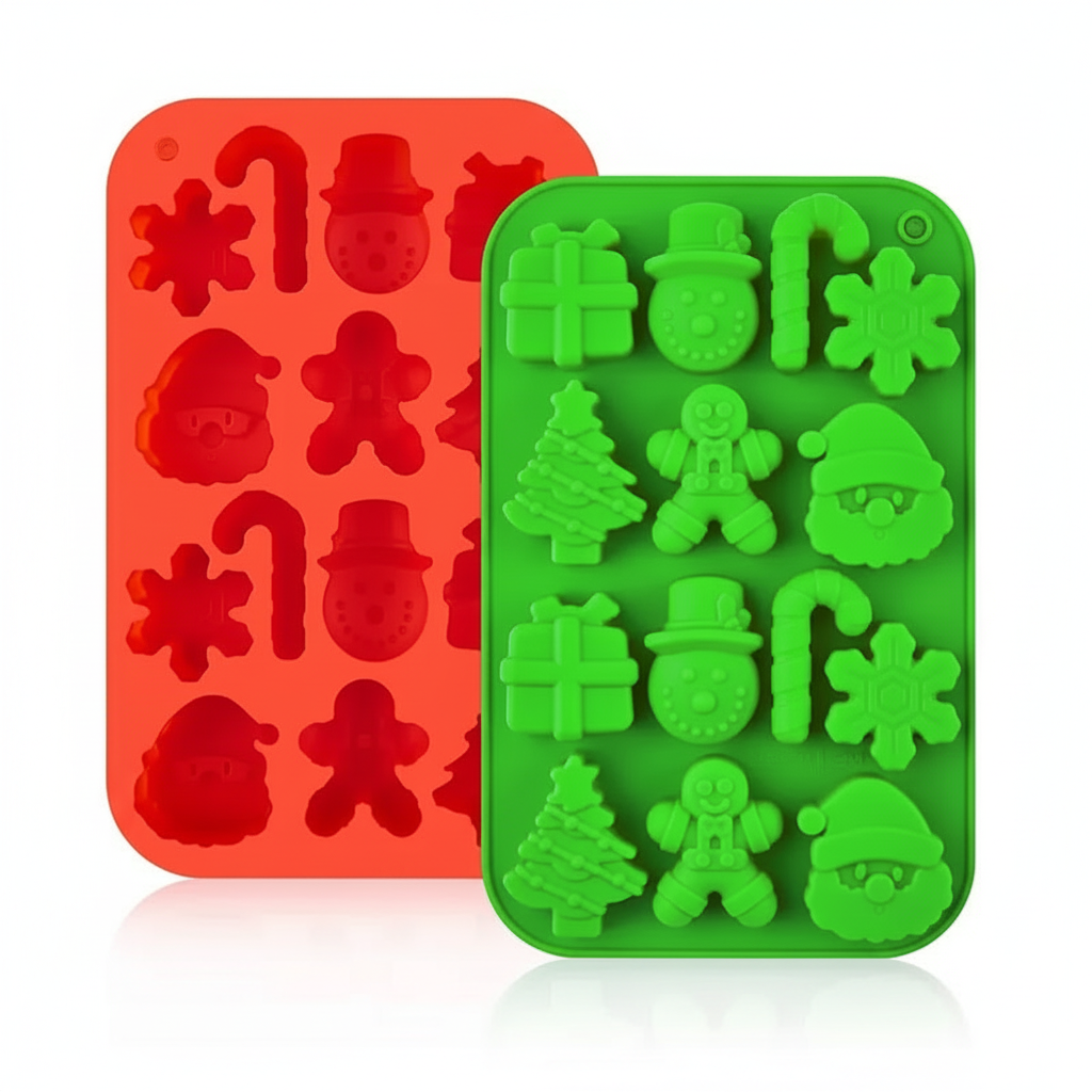 Studio product photo of the red and green Christmas silicone moulds on white