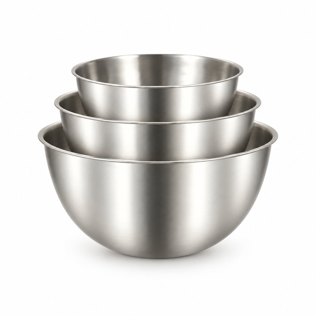 Three-piece stainless steel mixing bowl set on a white background