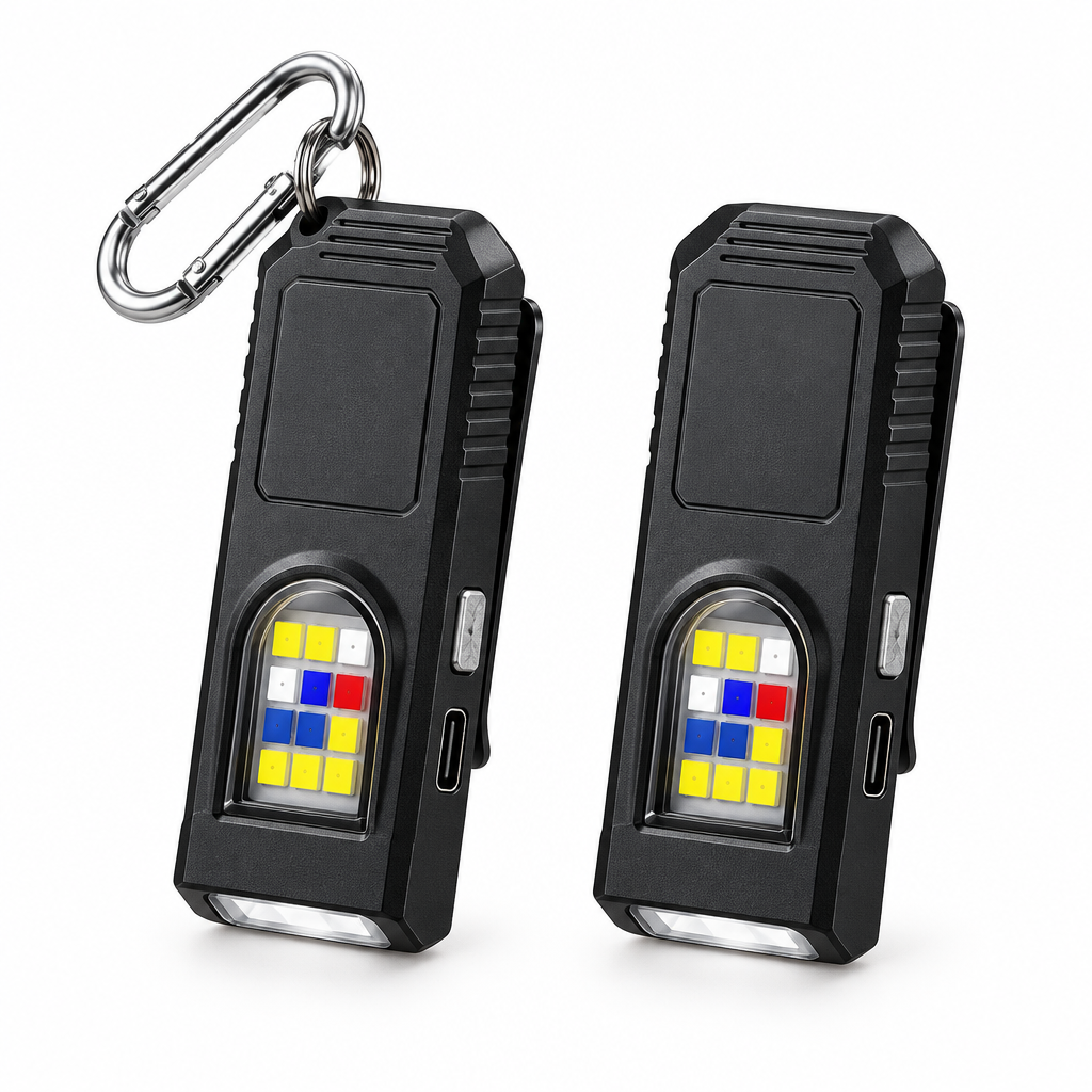 Two mini LED torches on a white background, one with a keyring