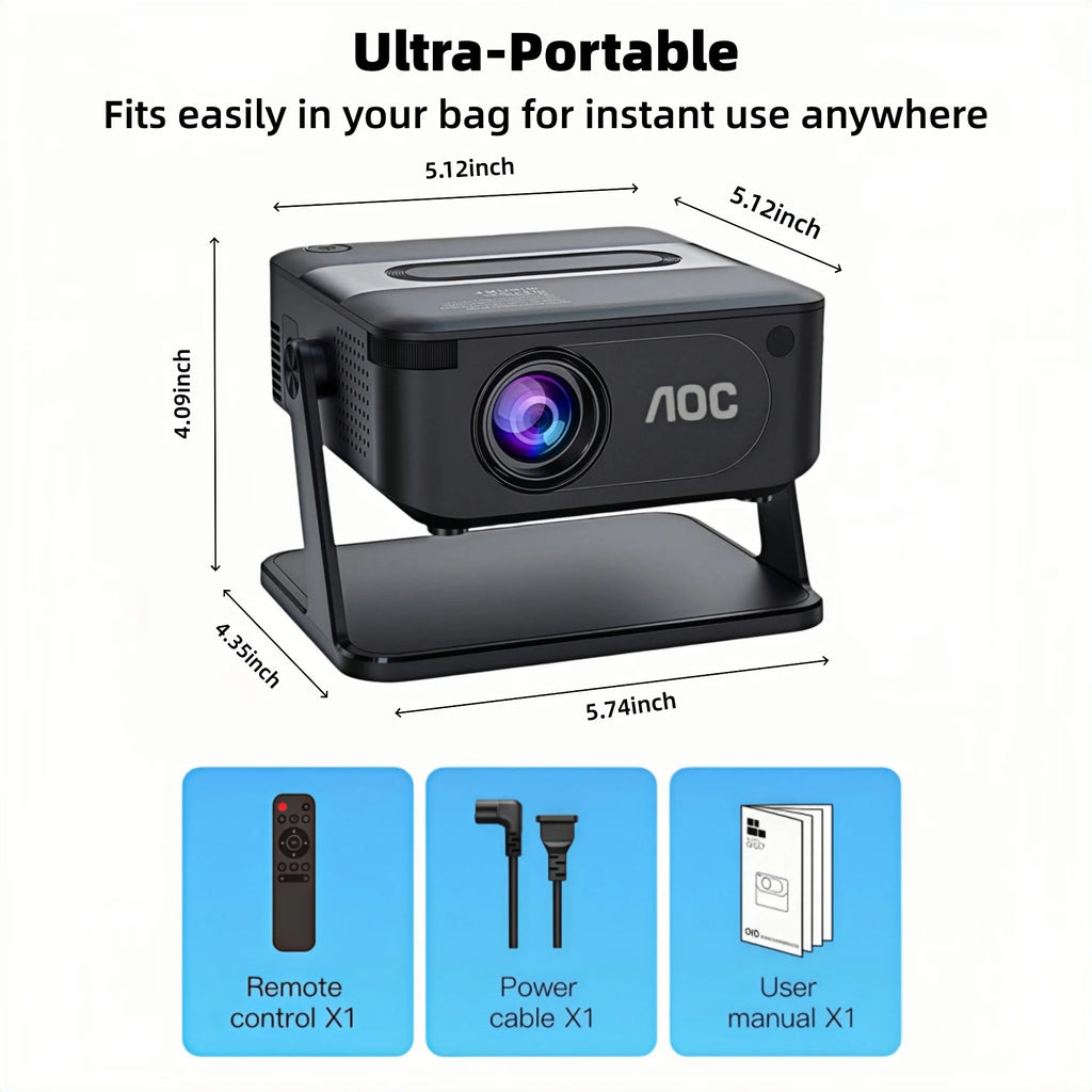 AOC HA109-PRO Portable Projector Native 720P 200 ANSI Wi-Fi 6 BT5.0 360° Stand Auto Keystone 4K Decode Mini Beamer Home Cinema