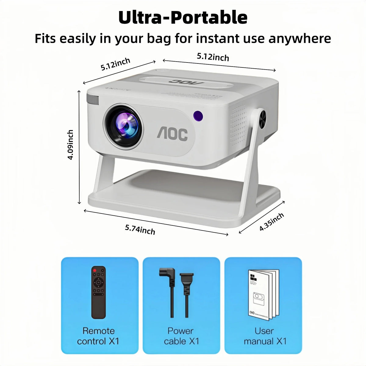 AOC HA109-PRO Portable Projector Native 720P 200 ANSI Wi-Fi 6 BT5.0 360° Stand Auto Keystone 4K Decode Mini Beamer Home Cinema