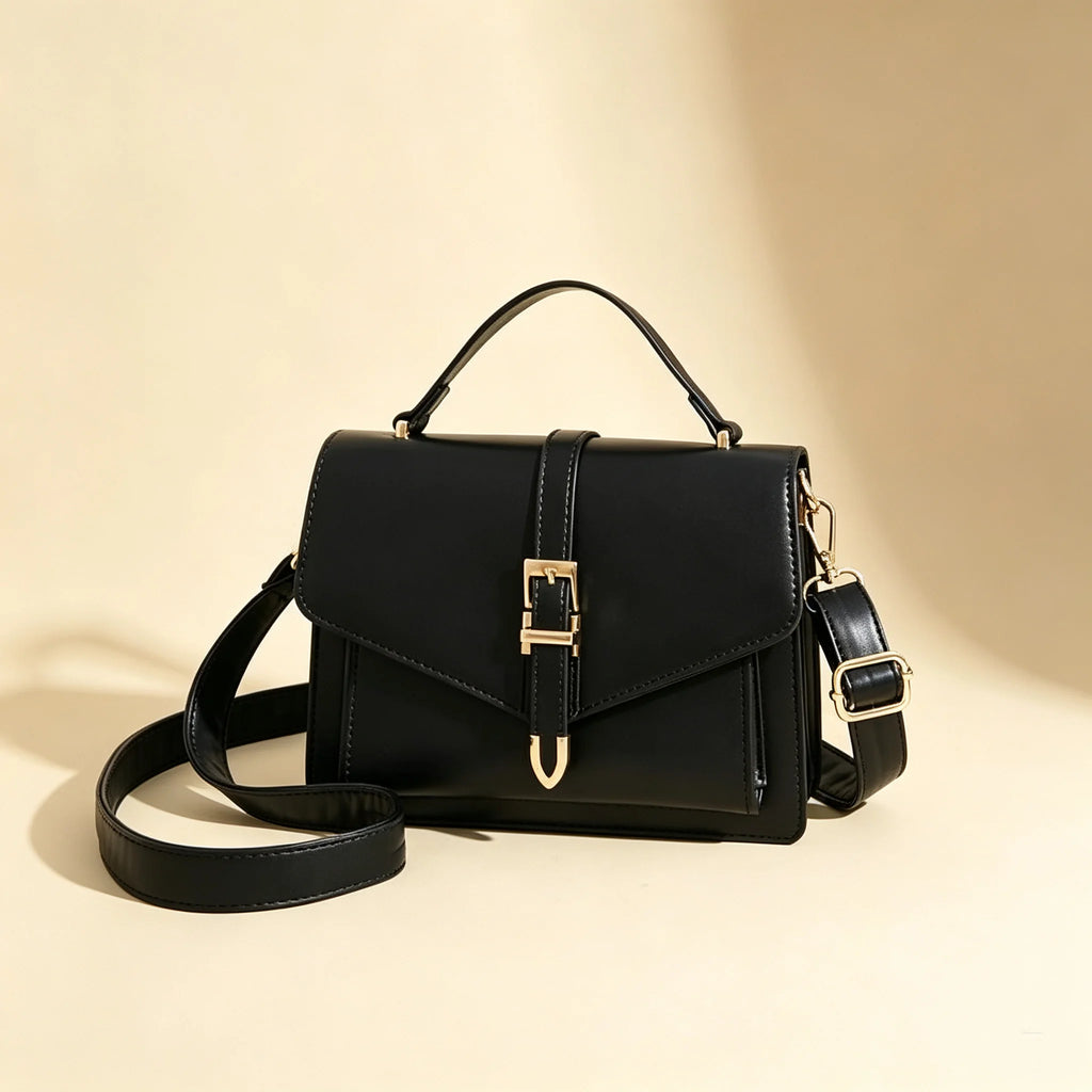 Faux Leather Crossbody Bag - Flap Satchel with Gold Buckle