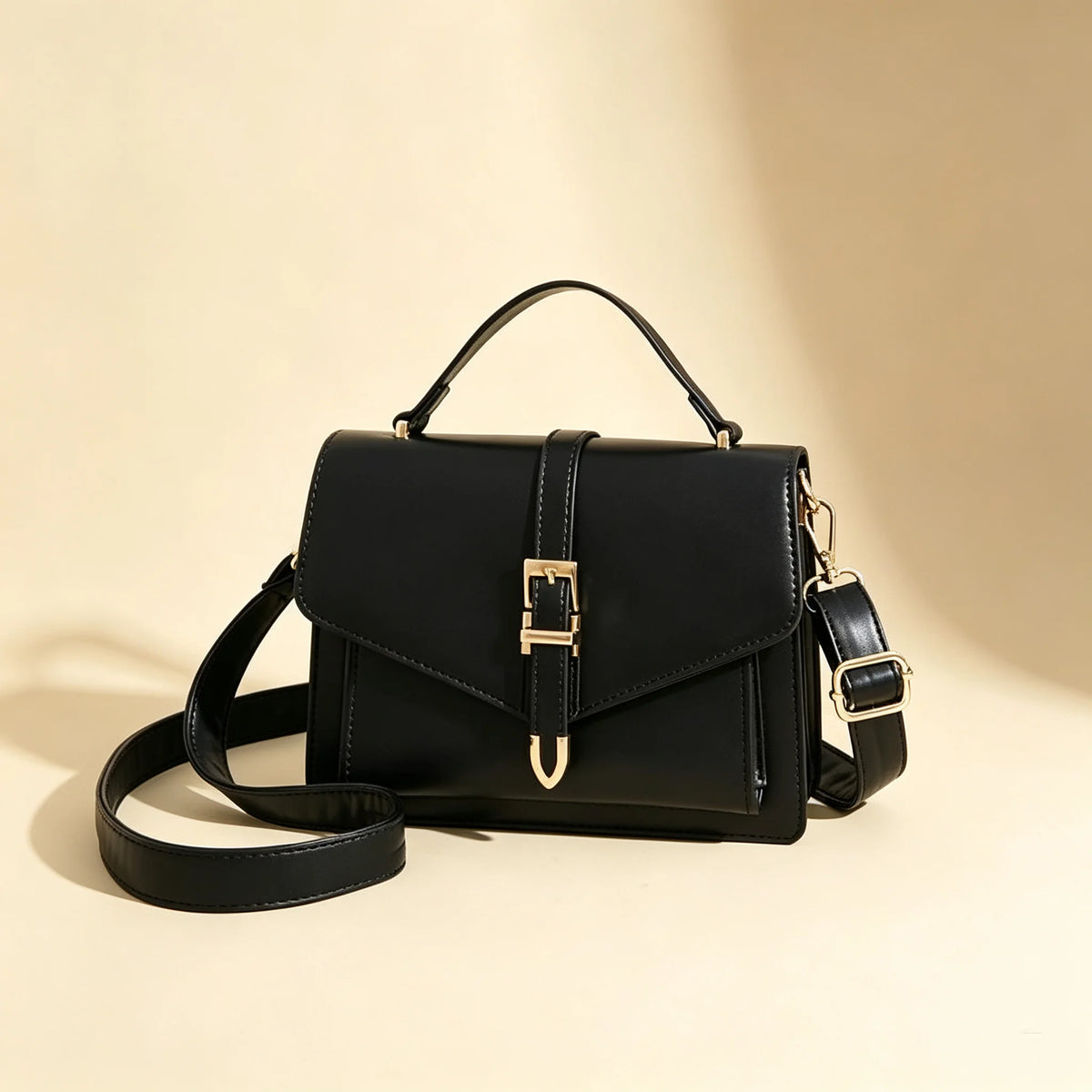 Faux Leather Crossbody Bag - Flap Satchel with Gold Buckle